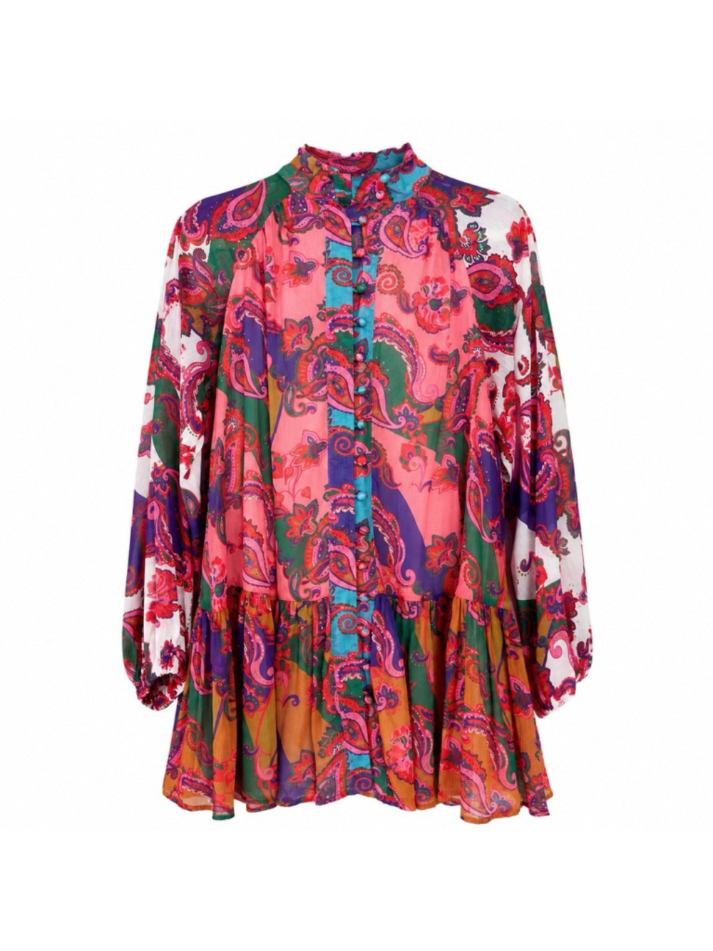 L'Atiste Georgette Puff Sleeve Paisley High Ruffle Sheer Swirly Mini Dress M